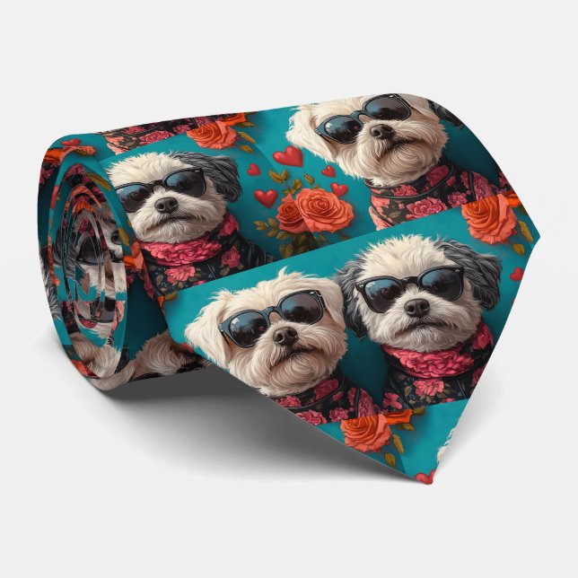 Cravate Bichon Frise avec coeur Roses Saint-Valentin (Roulé)