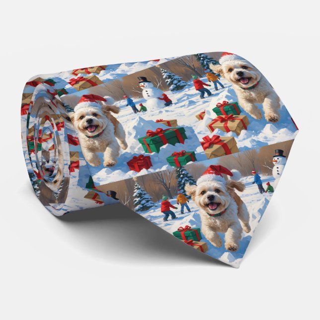 Cravate Bichon Frise Scène de Noël Festive dans la Neige (Roulé)