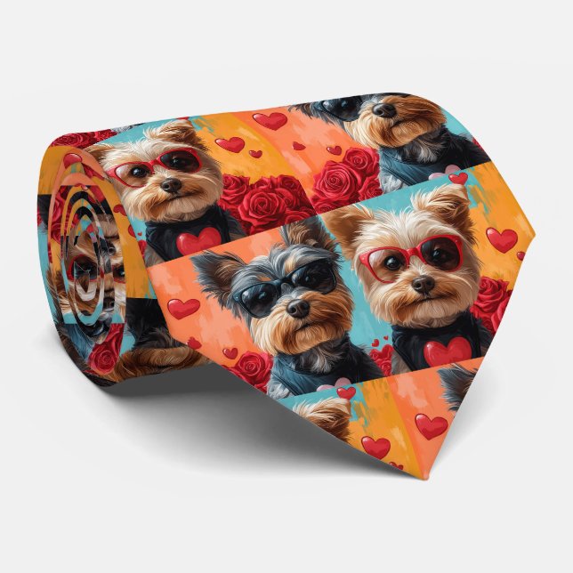 Cravate Biewer Terrier Avec Coeur Roses Saint-Valentin (Roulé)