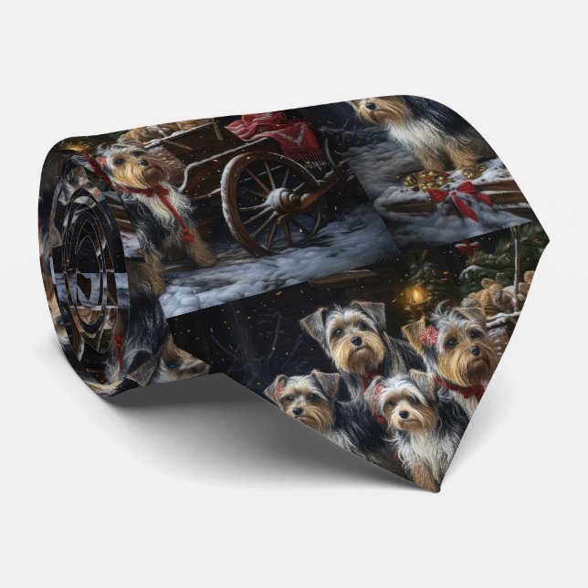 Cravate Biewer Terrier enneigé traîneau décor de Noël (Roulé)