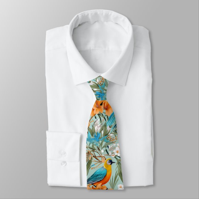 Cravate Birds Chinoiserie Mint Orange (Attaché)