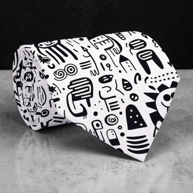 Cravate Black and White Doodles Custom Necktie (Créateur téléchargé)