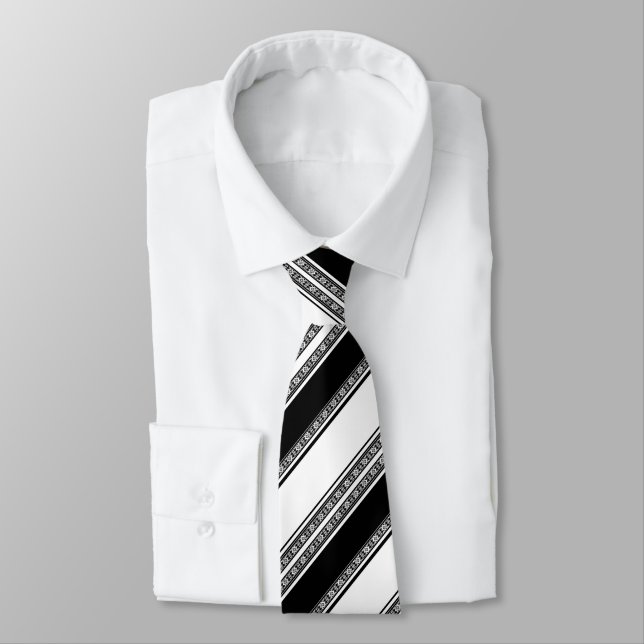 Cravate Black and white lace braid and horizontal stripes  (Attaché)