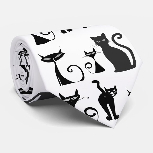 Cravate Black  and White Pattern with Funny Looking Cats (Roulé)