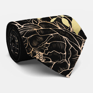 Cravate Black & Faux Gold Peony Moderne Line Florale Maria