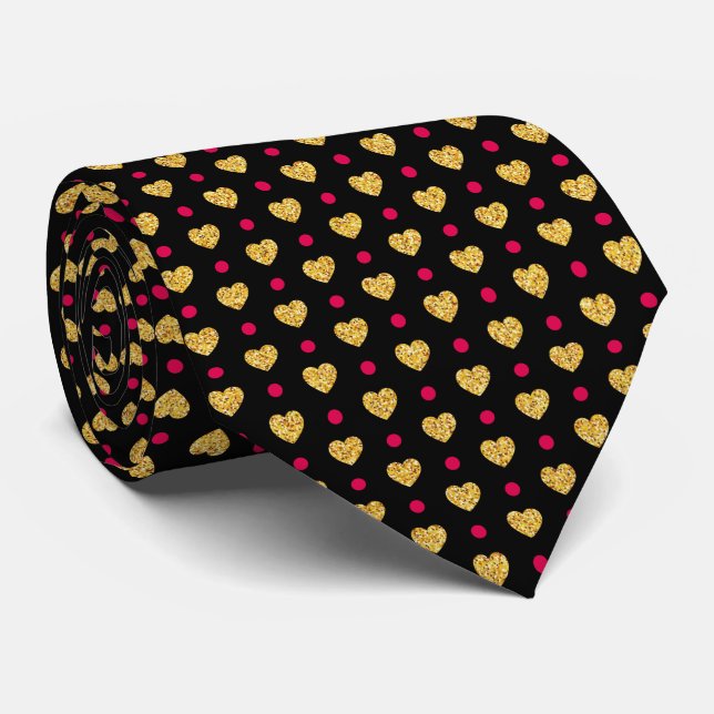Cravate Black Gold Pink Tiny Heart Background Valentine (Roulé)