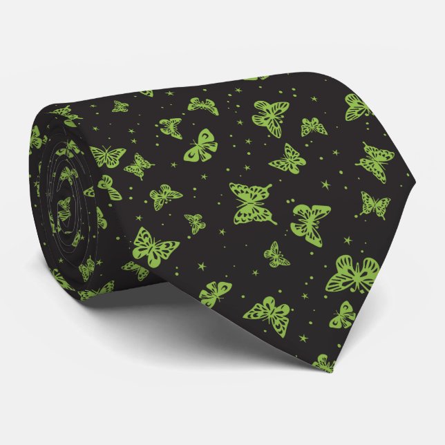Cravate Black green vintage butterfly motif pattern (Roulé)