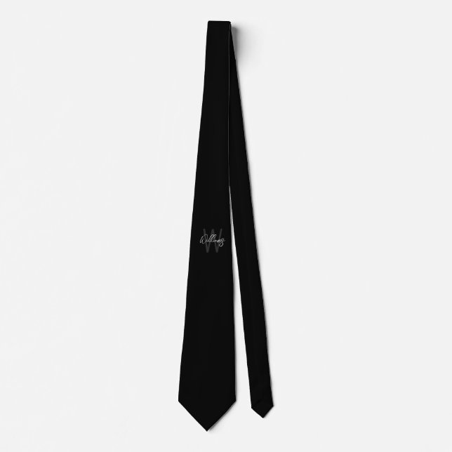 Cravate Black Modern Script Personnalisé Monogramme et nom (Devant)