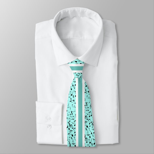 Cravate Black Music Notes sur le TURQUOISE (Attaché)