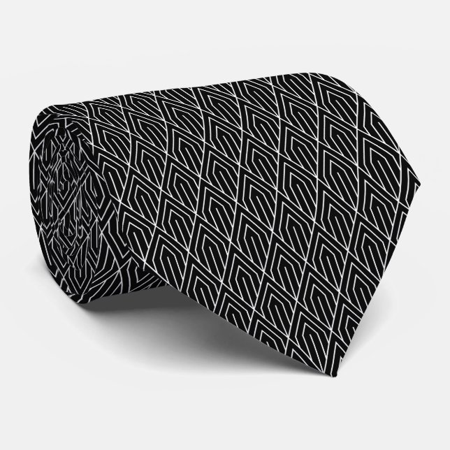 Cravate Black Vintage Geometric Art Deco Pattern  (Roulé)