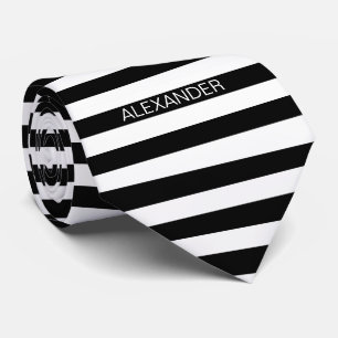 Cravate Black White Horizontal Preppy Stripe Nom monogram