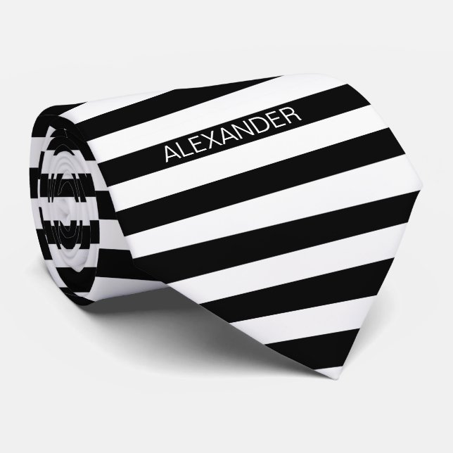 Cravate Black White Horizontal Preppy Stripe Nom monogram (Roulé)