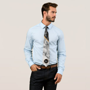 Cravate Black White Marble Stone Monogram Neck Tie