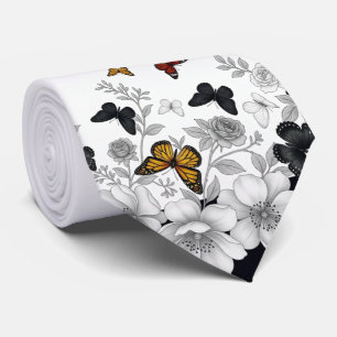 Cravate Blanc avec motifs floraux noirs et papillons