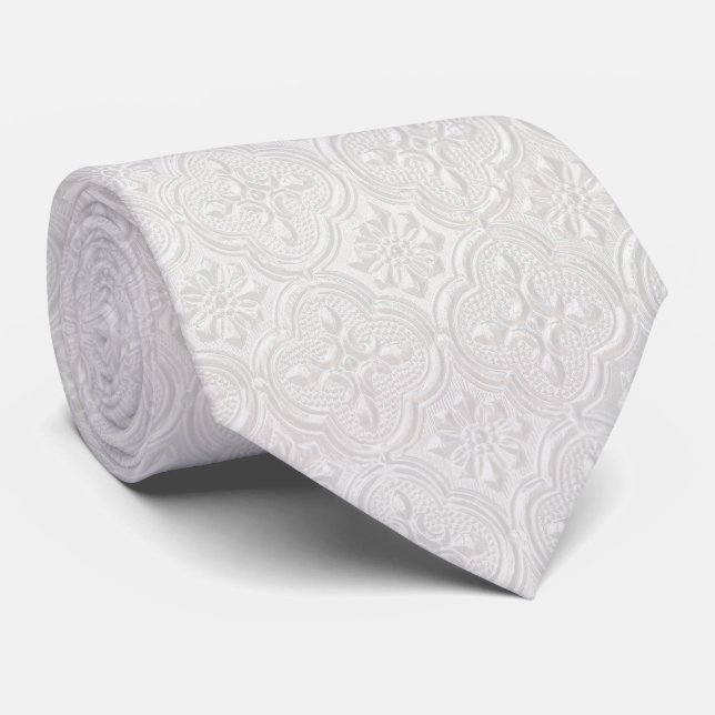 Cravate Blanc sur motif floral blanc (Roulé)
