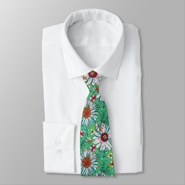 Cravate Blanc Vert Jaune Orange Rouge Fleurs Faisy (Attaché)