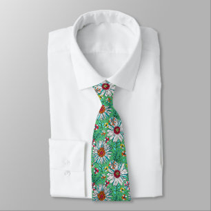 Cravate Blanc Vert Jaune Orange Rouge Fleurs Faisy