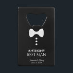 Cravate blanche amusante Tuxedo Best Man Mariage<br><div class="desc">Cet ouvre-bouteille amusant est conçu comme un cadeau pour le Best Man. Dispose d'un design amusant avec une cravate blanche et trois boutons sur un arrière - plan noir ressemblant à un smoking. Le texte dit "Groomsman" avec une place pour son nom, les noms du couple mariage et la date...</div>