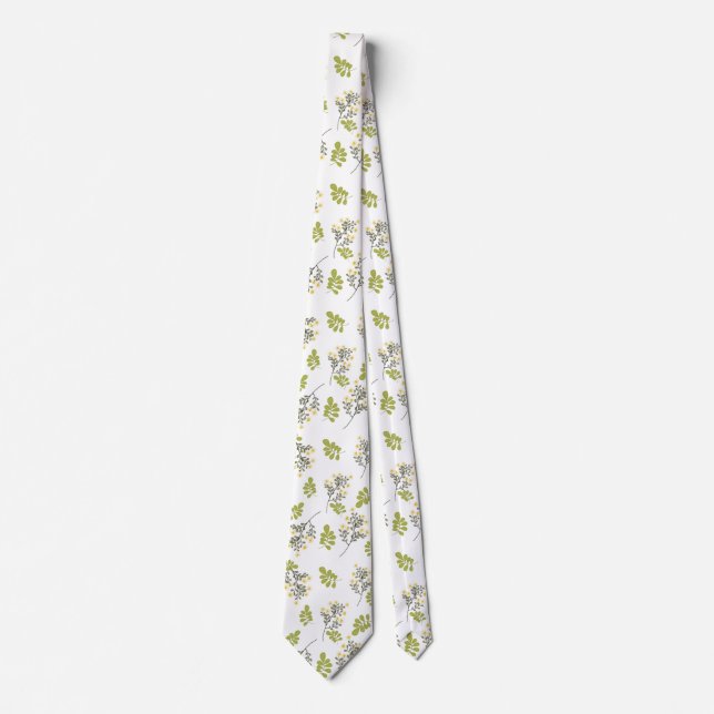 Cravate blanche avec motif de feuilles vertes et j (Devant)