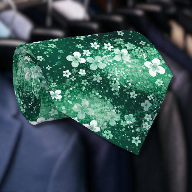 Cravate Blancs Trèfles Verts Chic & Points sur Fond Vert F (Créateur téléchargé)