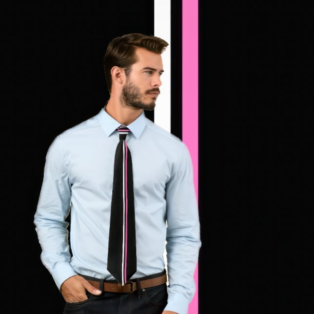 Cravate Blancs verticaux, Grilles roses chaudes sur cravat (Man wears a black necktie featuring 2 thin vertical stripes in white and hot pink.)