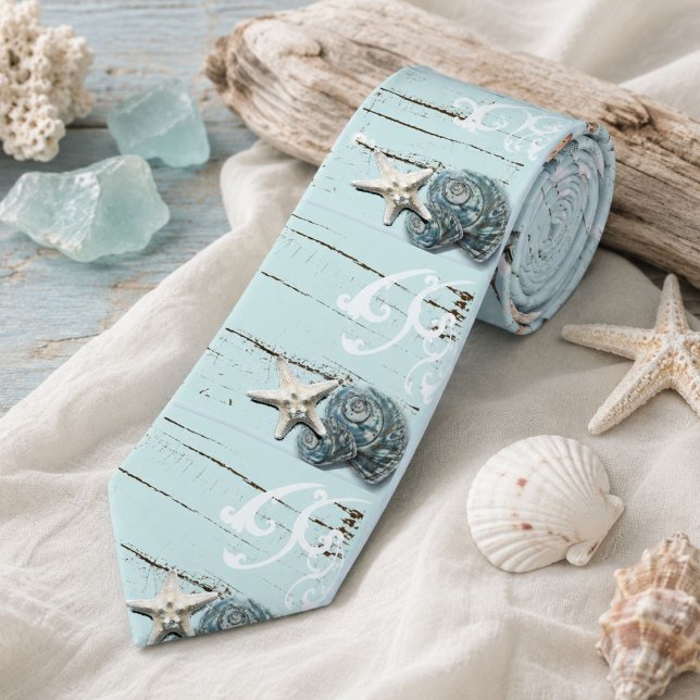 Cravate Bleu aqua côtier plage bois étoile de mer coquilla (Coastal aqua blue beach wood starfish seashell neck tie)