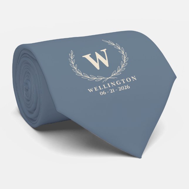 Cravate Bleu Ardoise Ivoire Laurier Monogramme Date de Mar (Roulé)