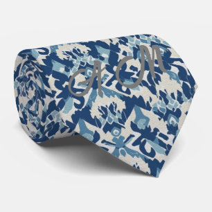 Cravate Bleu Blanc Rétro Ikat Motif 3 Initiales Monogramme