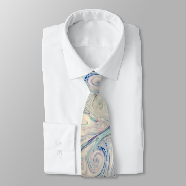 Cravate Bleu blanc rose moderne Fluid Marbling Art Abstrai (Attaché)