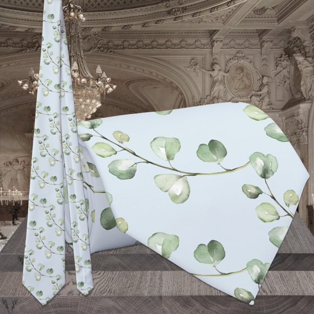 Cravate Bleu ciel vert élégant mariage eucalyptus (Créateur téléchargé)
