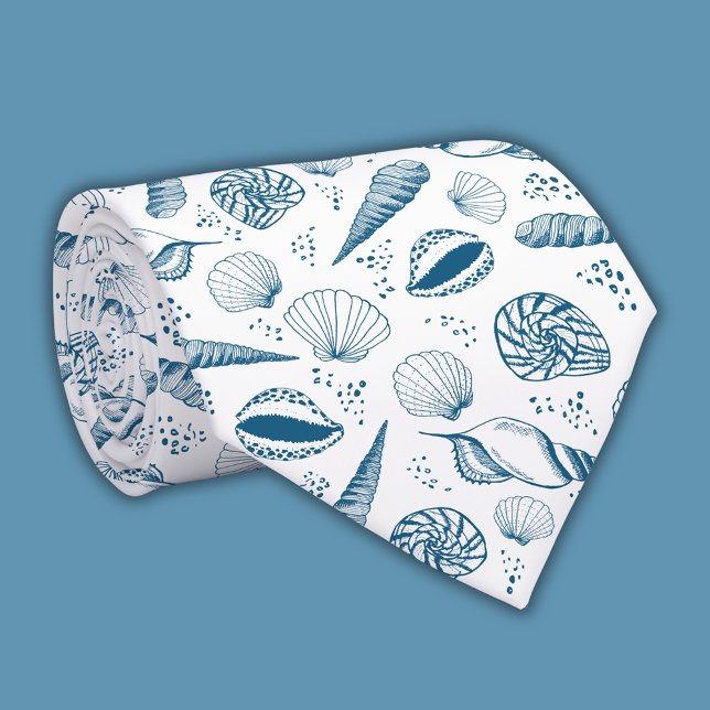 Cravate Bleu coquillage plage blanche (Blue & White Seashell Tie Coastal Chic Men’s Accessory Nautical Wedding Style)