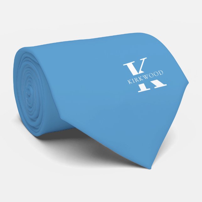 Cravate Bleu | Élégant Monogramme + Nom |Sur un côté (Roulé)