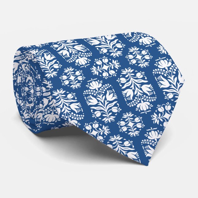 Cravate Bleu et blanc Art folklorique Floral Damask (Roulé)
