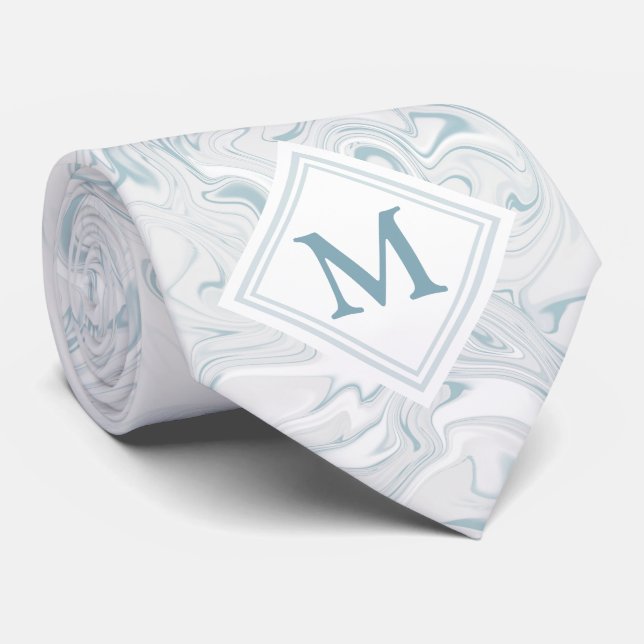 Cravate Bleu et Marbre blanc avec Monogramme Diamant (Roulé)