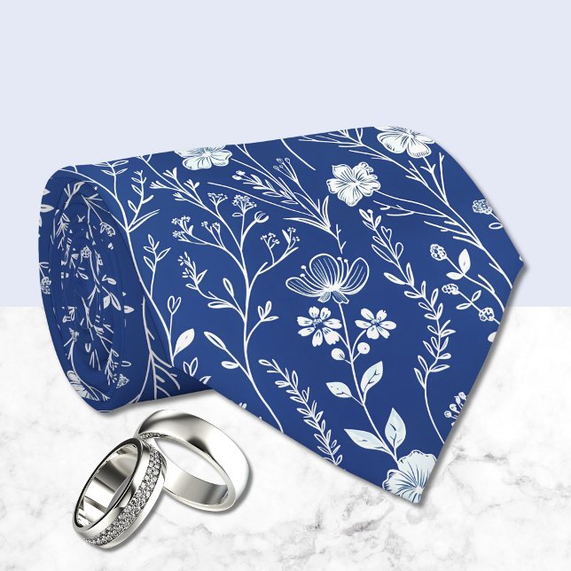 Cravate Bleu foncé et blanc Chinoiserie Floral  (Créateur téléchargé)