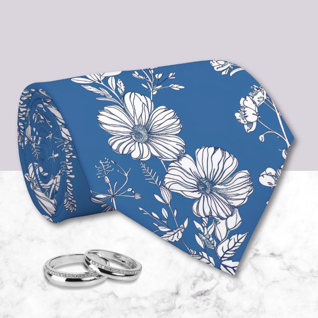 Cravate Bleu foncé et blanc Chinoiserie Floral  (Créateur téléchargé)