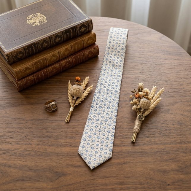 Cravate Bleu français micro-foulard ivoire (Créateur téléchargé)