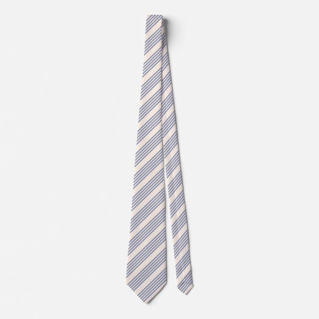 Cravate Bleu gris et beige cinq rayures motif (Devant)