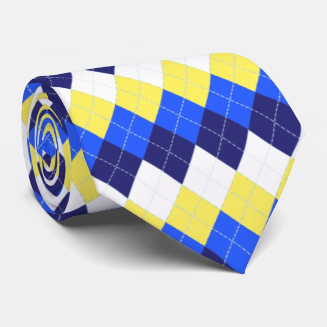 Cravate Bleu, jaune citron et Argyle blanc (Roulé)
