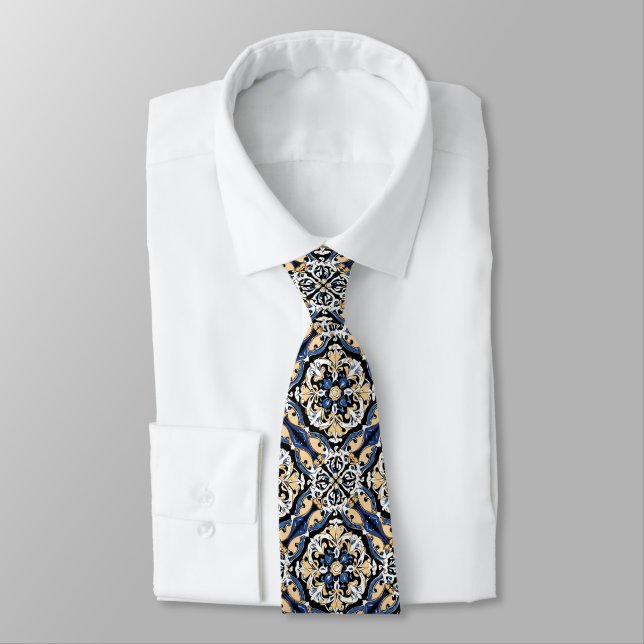 Cravate Bleu jaune noir Azuleju espagnol marocain (Attaché)