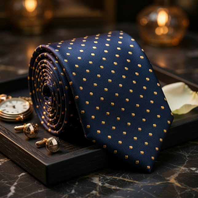 Cravate Bleu marine classique à pois dorés élégants (Créateur téléchargé)