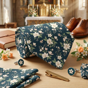 Cravate Bleu Marine Floral Fleur Blanche