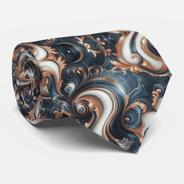 Cravate Bleu marine professionnel, blanc et marbre de cuiv (Roulé)