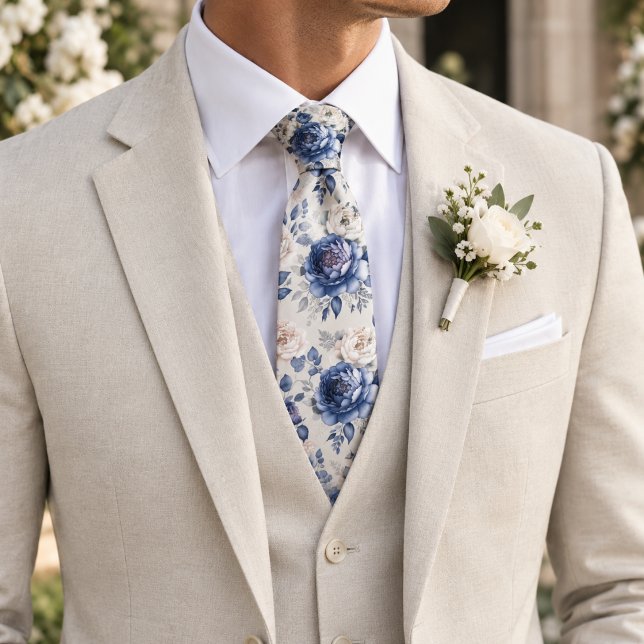 Cravate Bleu Marine & Rose Blanche (Créateur téléchargé)