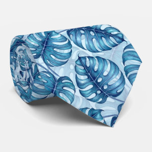 Cravate bleu motif d'aquarelle Monstera