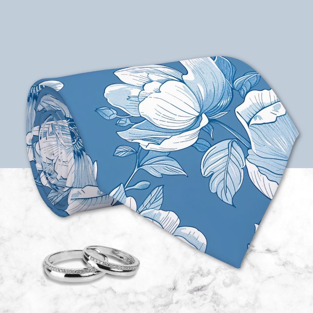 Cravate Bleu Moyen et Blanc Chinoiserie Floral  (Créateur téléchargé)