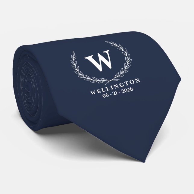 Cravate Bleu Nuit Blanc Laurier Monogramme Date de Mariage (Roulé)