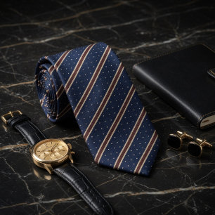 Cravate Bleu Nuit Classique et Rayures Cuivrées à Points É