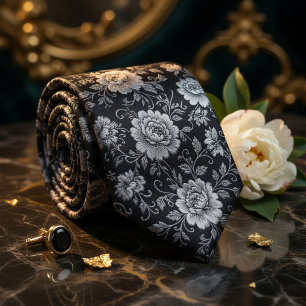 Cravate Bleu Nuit Luxueux Or Floral Damassé