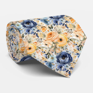 Cravate Bleu Nuit Poussiéreux et Roses Fleurs Floral